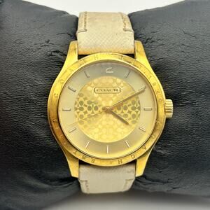 Coach Maddy Gold Tone St. Steel WhiteL Leather Watch New Battery